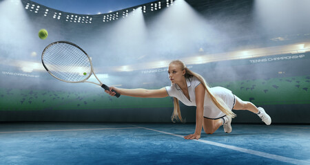 Woman tennis player playing tennis on professional tennis stadium in night.