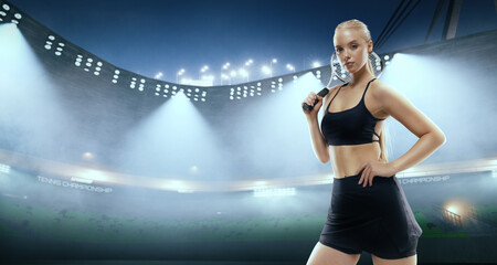Woman tennis player playing tennis on professional tennis stadium in night.