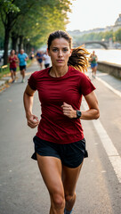 Young woman running along a riverside path in the city during golden hour. Urban fitness moment. Generative AI