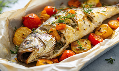 Pescado Empapelado - Fish baked in parchment paper with herbs and vegetables.