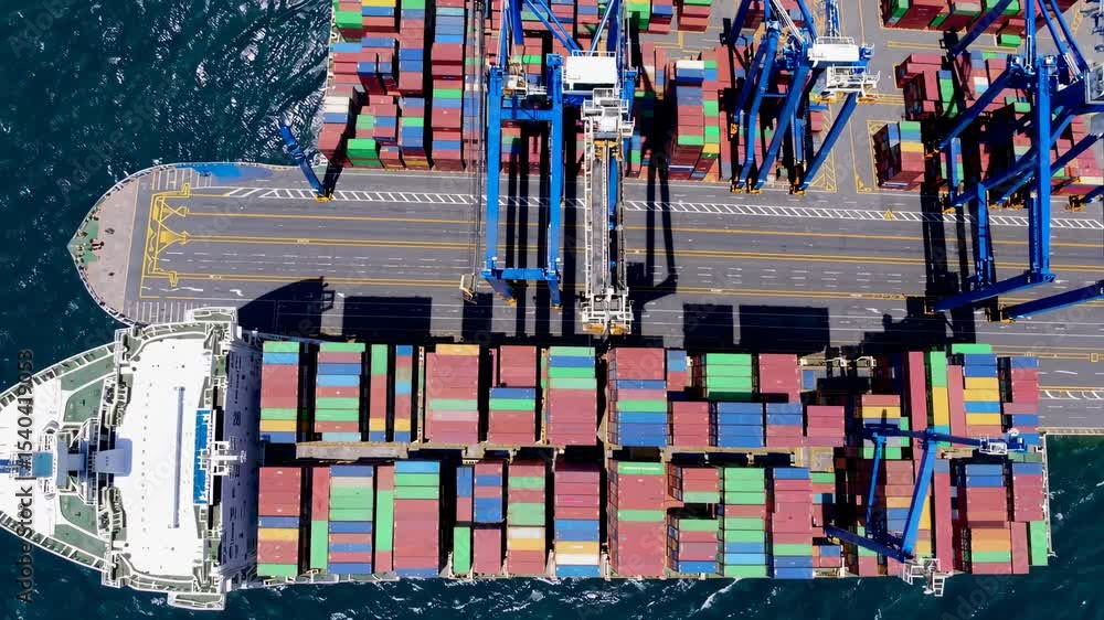 Poster aerial top view of container ship loading and unloading, cargo container in deep seaport for the int
