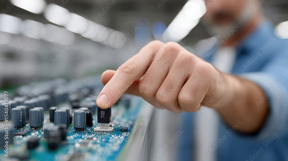 Poster close up of hand adjusting components on a circuit board in a factory