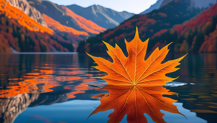 A maple leaf floating on the serene mountain lake. The maple leaf is vibrant orange color. In the background is the mountain range in autumn