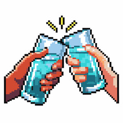 Fototapeta premium Pixel art illustration of two diverse hands clinking glasses in toast, celebration and friendship, cheerful digital retro