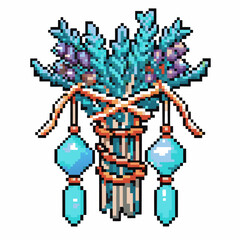 Pixel art lavender and sage herbal bundle with crystals aromatic plants, mystical healing decor, decorative arrangement