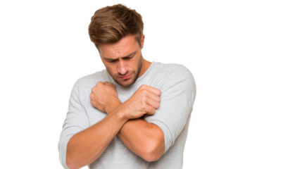 Young man coughing into his elbow to prevent the spread of germs, emphasizing health and hygiene on a transparent background. Highlighting disease prevention and respiratory protection