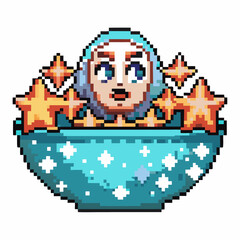 Pixel art bowl with star shaped cookies and surprised face, turquoise bowl with white stars, retro digital illustration