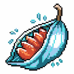 Fototapeta premium Pixel art blue pea pod with orange beans, minimal retro digital illustration, isolated healthy vegetable food concept