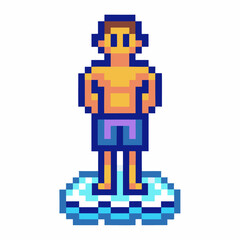 Pixel art male swimmer in blue trunks standing on diving platform retro character, aquatic sports, summer pool fun