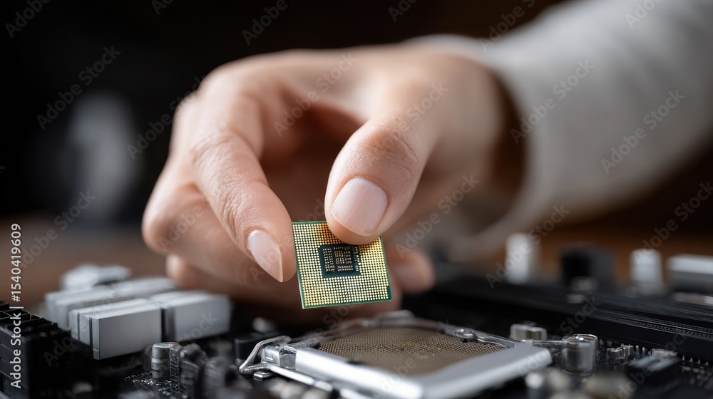 Aufkleber installing a golden cpu onto a computer motherboard