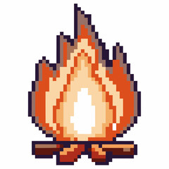 Pixel art campfire flame retro burning fire with orange, yellow, and white colors on wood logs cozy warm light icon