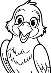 A delightful black-and-white illustration of a happy bird with an expressive face and friendly demeanor. This design is ideal for children's books, educational materials, or any creative project aimin