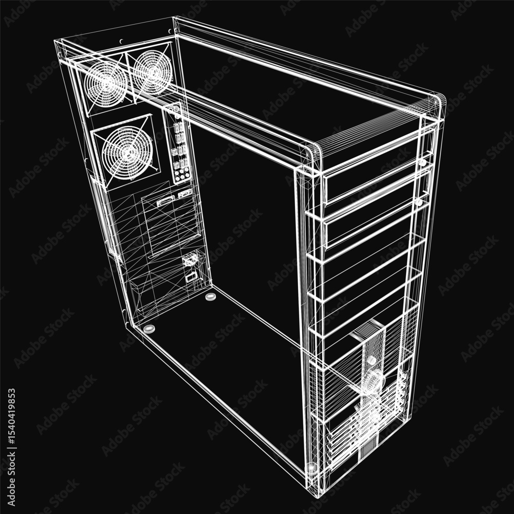 Poster 3d wireframe model of a sleek desktop computer case on a black background, showcasing a modern and m