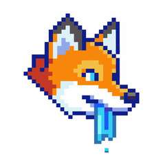 Fototapeta premium Pixel art fox head drooling retro orange animal avatar, blue tongue, digital character design element