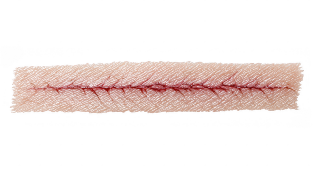 Realistic surgical cut scar seamlessly integrated onto skin, ideal for medical visualizations or special effects projects, featuring a transparent background for easy compositing