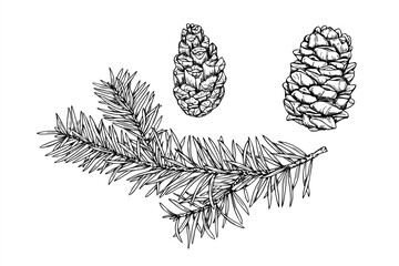 Monochrome vector set of spruce tree branch and cones painted by black inks. Decorative twig with needles for Christmas decoration, winter themed packaging, rustic label, Scandinavian style design