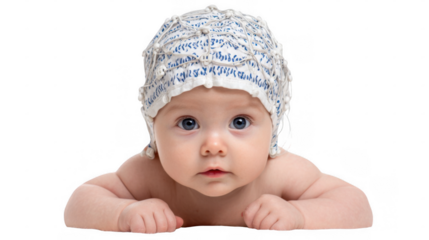 Adorable baby wearing an eeg cap, lying on its stomach and exploring the world with curiosity, showcasing a medical examination or research concept on a transparent background