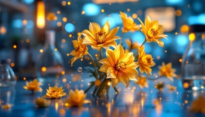 Golden flowers with metallic petals and glowing veins, surrounded by floating digital particles and soft neon glows, blending nature and technology .