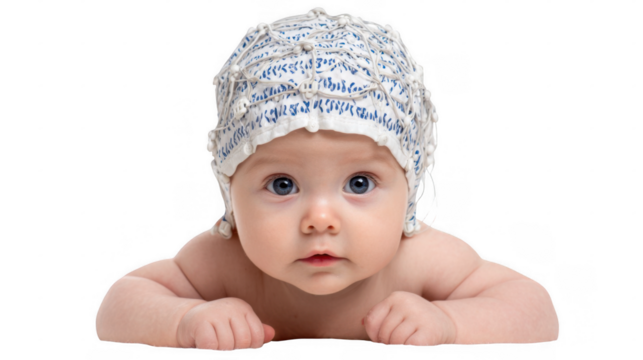 Adorable baby wearing an eeg cap, lying on its stomach and exploring the world with curiosity, showcasing a medical examination or research concept on a transparent background