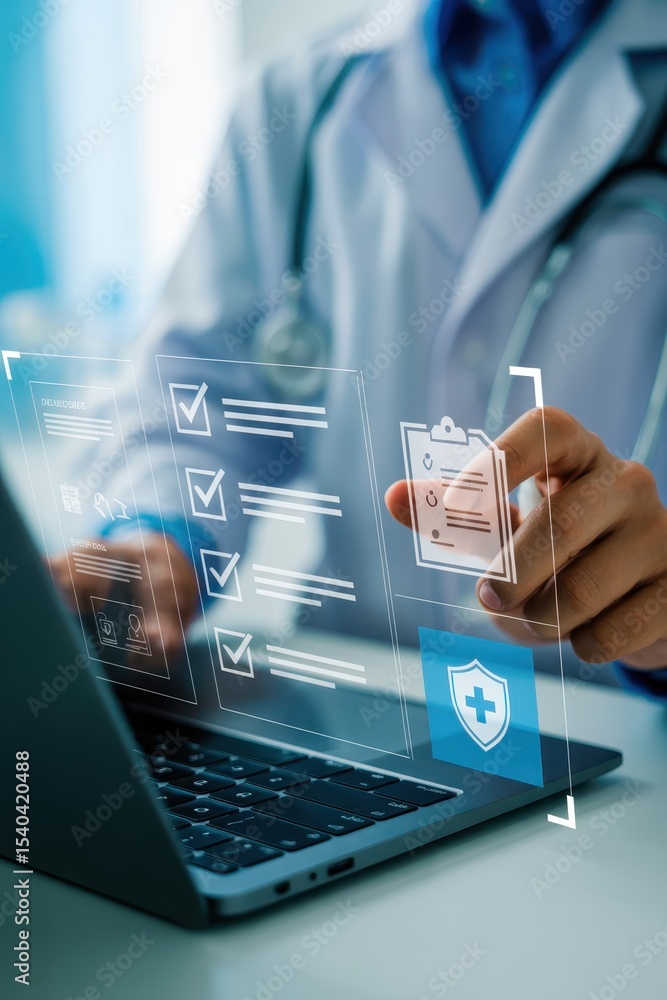 Aufkleber doctor using a laptop with interactive checklist interface.