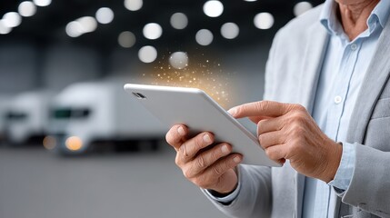 Senior Woman Using Tablet with Sparkling Effect in Warehouse