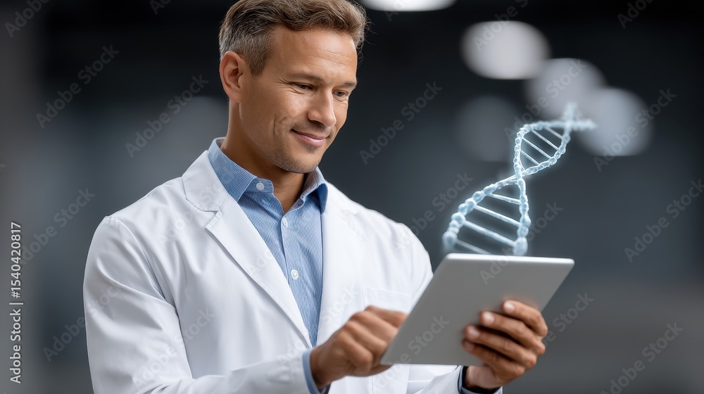 Poster smiling male scientist using tablet to analyze dna genetic data in lab