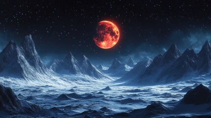 Red moon over icy alien mountainscape