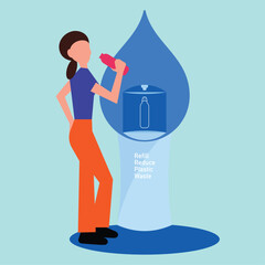 Vector illustration of a woman refilling her reusable bottle at a water station, symbolizing environmental care and sustainability. It promotes eco-awareness and green living concepts.