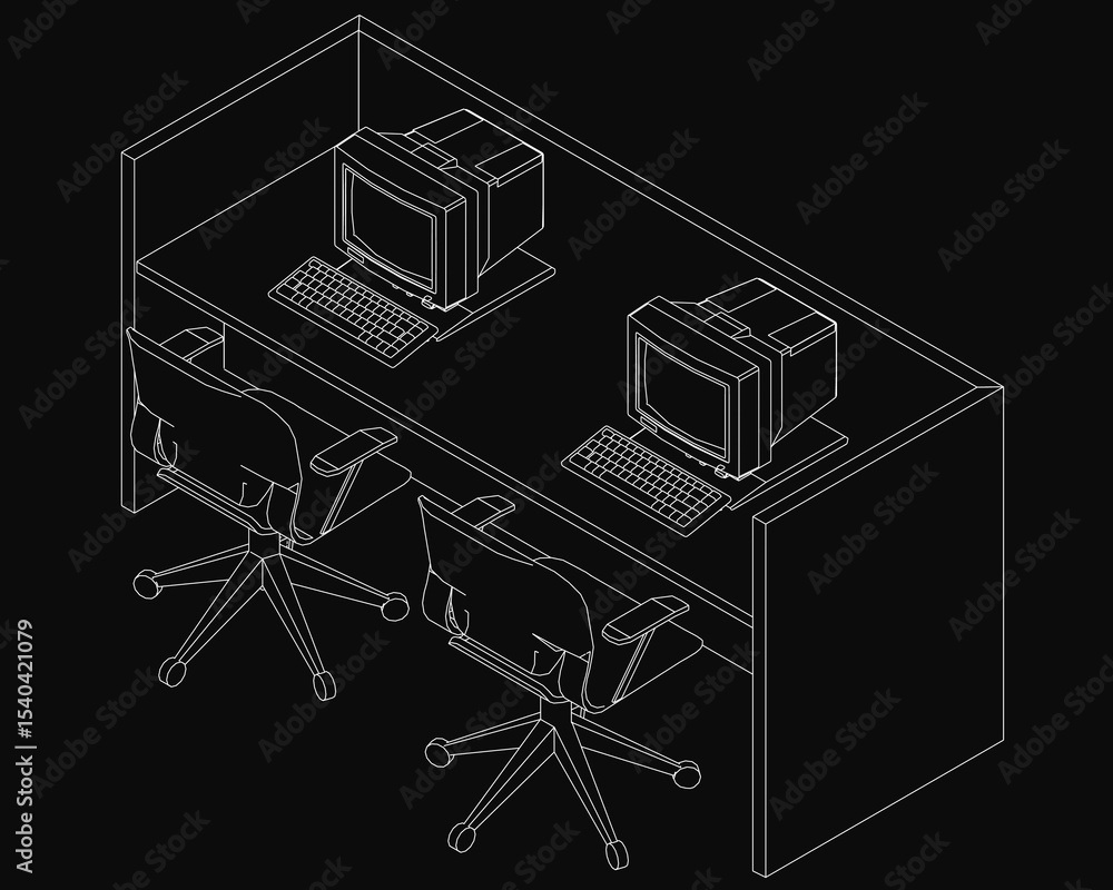 Poster a sleek black computer desk with dual monitors and a keyboard, designed for a modern workspace. two 