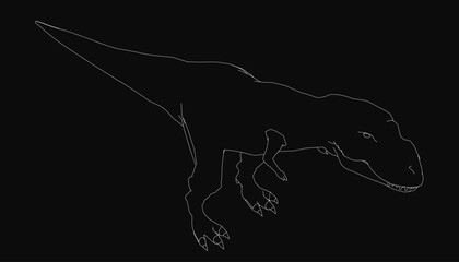 T-Rex line drawing in black and white, showcasing sharp teeth and powerful stance against a dark background. The detailed illustration highlights the dinosaur's fierce expression and muscular build,. © German Ovchinnikov