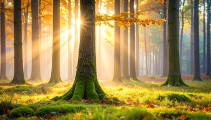 Sunlit Autumn Forest: Magical Sunrise in Woods