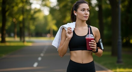 Fototapeta premium Athletic woman in sportswear standing near a city park trail, holding a berry smoothie
