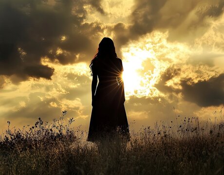Silhouette of a woman standing in a meadow with a dramatic sky and sun shining through the clouds, a concept for hope or healing, the winning entry in a historical stock photo contest. - Powered by Adobe