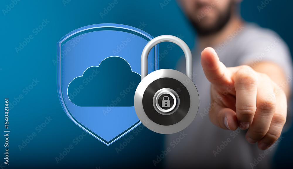 Poster Image depicts secure cloud data protection.  A padlock symbolizes encryption, ensuring data safety and privacy in the cloud.