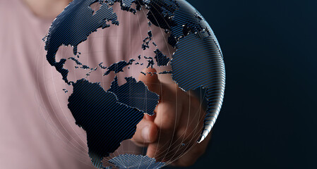 Abstract image of a hand interacting with a digital globe, symbolizing global connectivity and...