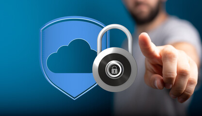 Image depicts secure cloud data protection.  A padlock symbolizes encryption, ensuring data safety...