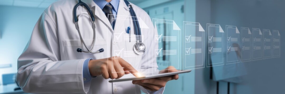 Doctor using a tablet with digital checklist overlay. - Powered by Adobe