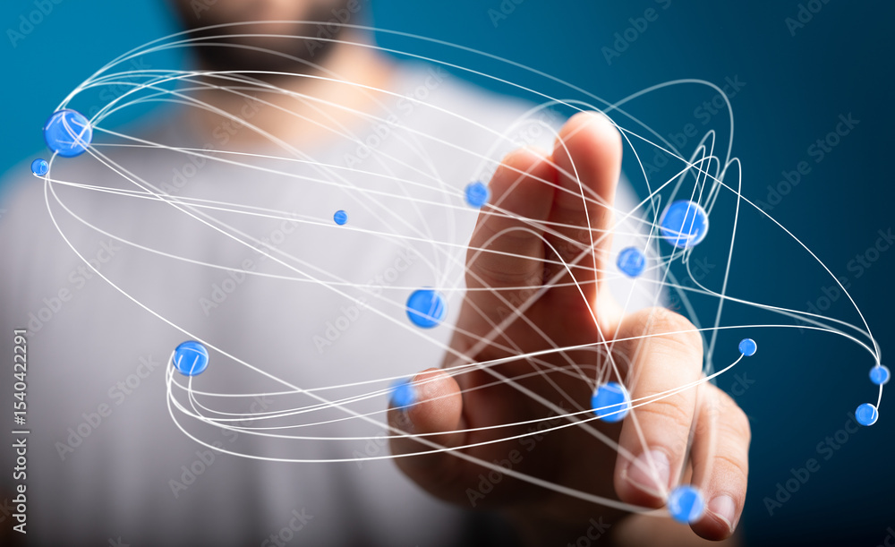 Aufkleber Abstract image of a hand interacting with a digital network, representing connection and technology.