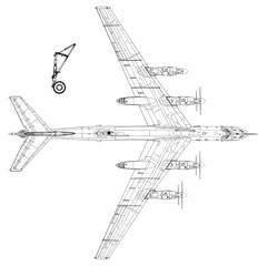 Drawing of russian military aircraft fighter bomber.
Top general view of war plane. 
Computer technical cad scheme on paper sheet.
Aviation engineering hand drawn sketch.