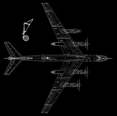 Drawing of russian military aircraft fighter bomber.
Top general view of war plane. 
Computer technical cad scheme on paper sheet.
Aviation engineering hand drawn sketch.