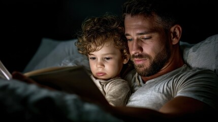 Reading together a father and son story bedroom family bonding cozy atmosphere intimate viewpoint