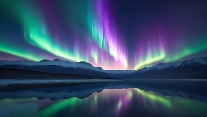 A breathtaking display of the Northern lights up the night sky. In the background is the majestic mountain range.