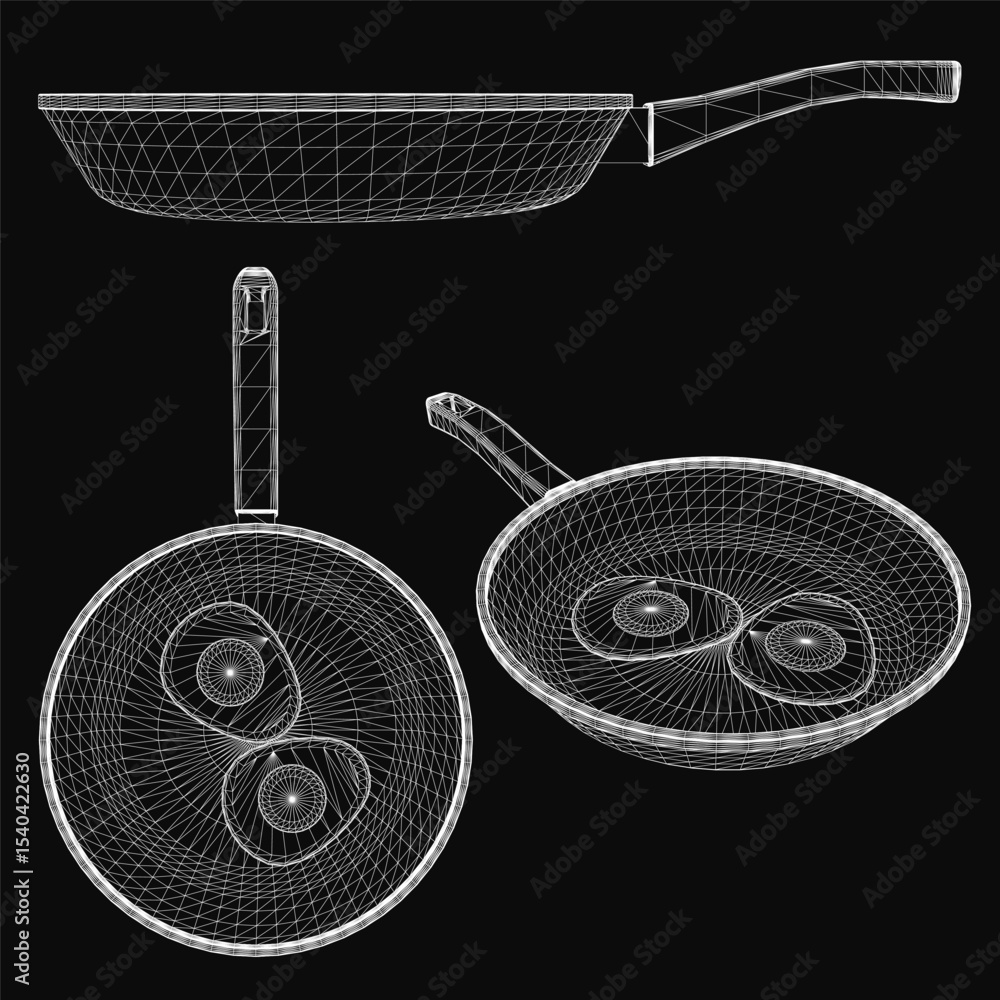 Poster a 3d model of a frying pan with a realistic metallic texture and smooth handle, rendered in high det