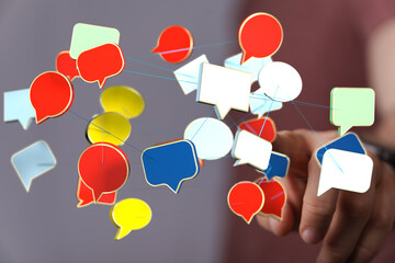 Abstract image of interconnected speech bubbles representing global communication and networking.