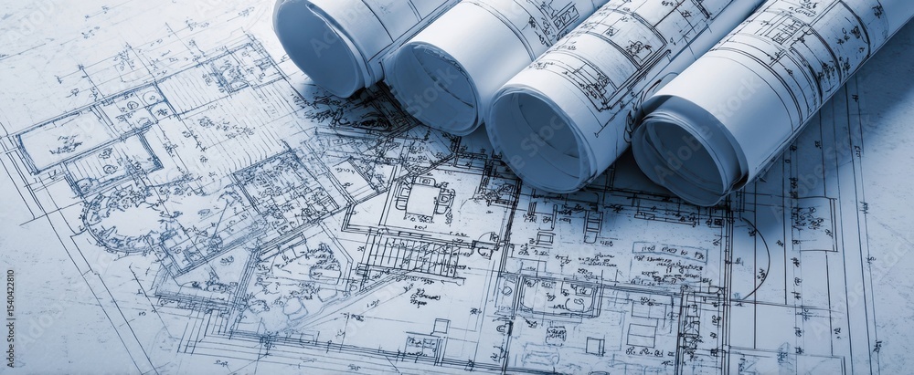 Poster the rolled blueprints and architectural plans on a workspace surface.