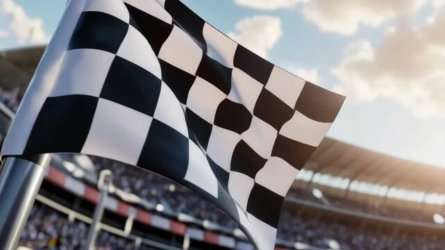 A checkered flag is flying in the air above a stadium full of people. The flag is black and white with a red circle in the middle. The stadium is filled with people watching the flag