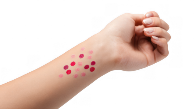 Caucasian woman showing allergy test results on her forearm, featuring various shades of red and pink dots, against a transparent background, ideal for health and beauty concepts