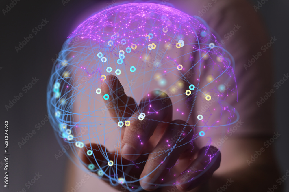 Aufkleber abstract image of a hand interacting with a glowing digital network sphere. represents global connec