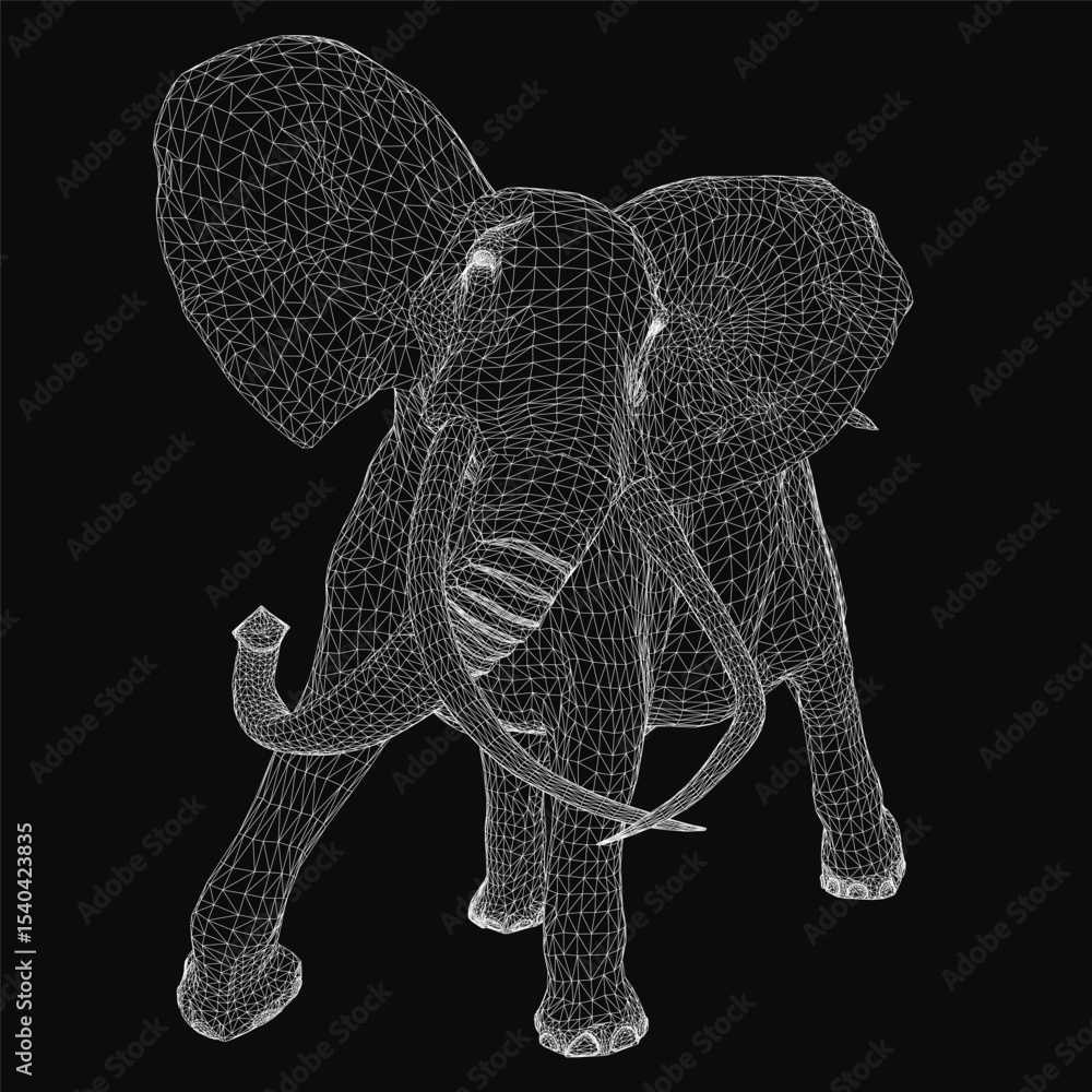Poster wireframe elephant rendered in 3d with realistic details on a black background. its curved trunk and