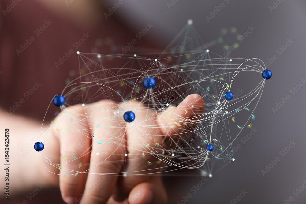 Poster hand interacting with a digital network. represents connection, technology, and innovation.